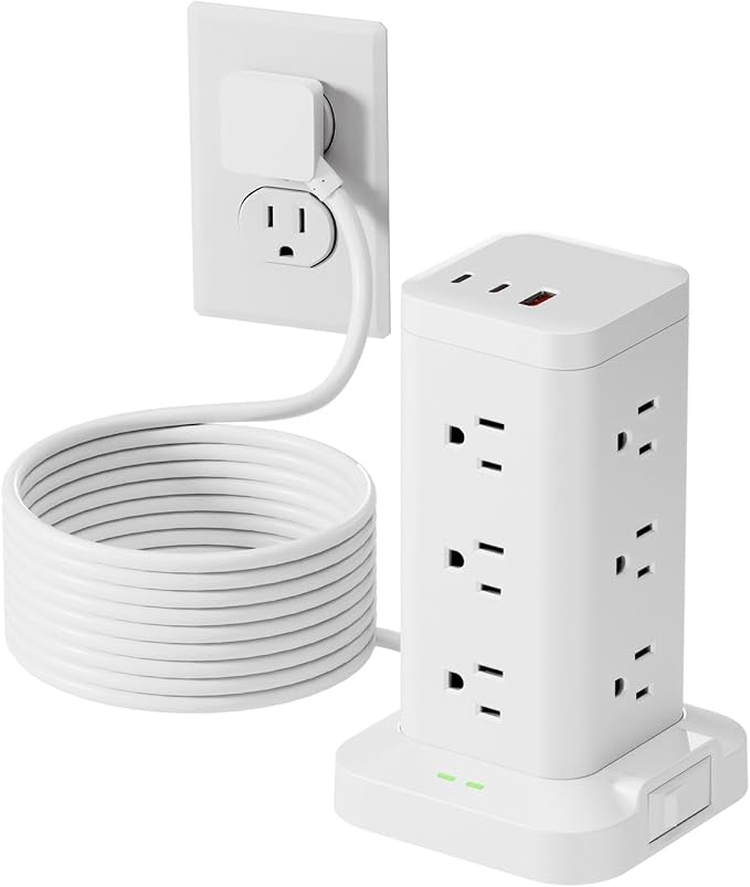 Power Strip Tower with Surge Protector 1800J, Fast Charging Tower PD20W USB-C Ports with 12 AC Outlets, Extension Cord for Home Office Dorm Room, 10ft, White