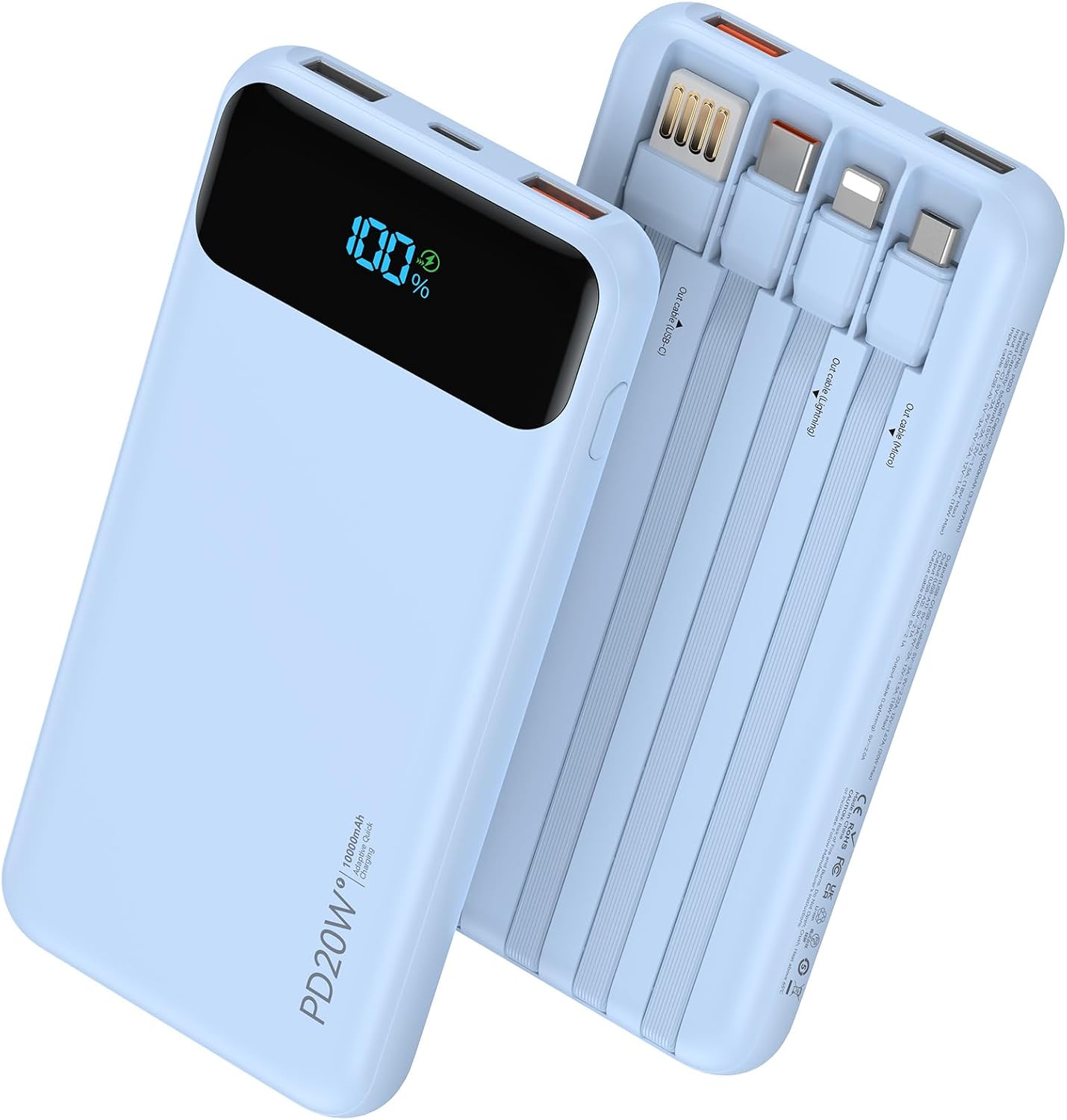 Nusyddy Portable Charger 10000mAh 22.5W w/4 Built-in Cables/6 Outputs Blue | 22.5W Fast Charging, LED Display, Pass Through Charging, Charge 6 Devices at once, TSA Approved, Fits iPhone, iPad, Samsung