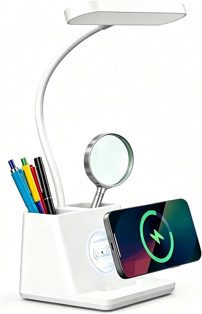 Desk Lamp with Fast Wireless Charger, College Dorm Room Table Light | 18 in, Adjustable LED, White, Small, Cute, for Home Office, with Charging Station, Pencil Holder