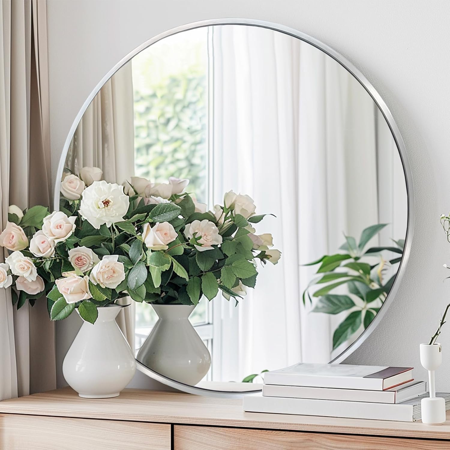 Amazon.com: Winnker 24 inch Silver Circle Mirror, Round Mirror, Brushed Nickel, Chrome | Metal Frame, Circular Decorative Wall Mounted Mirrors for Bathroom, Bedroom, Entryway, Living Room, Hallway, Ov...