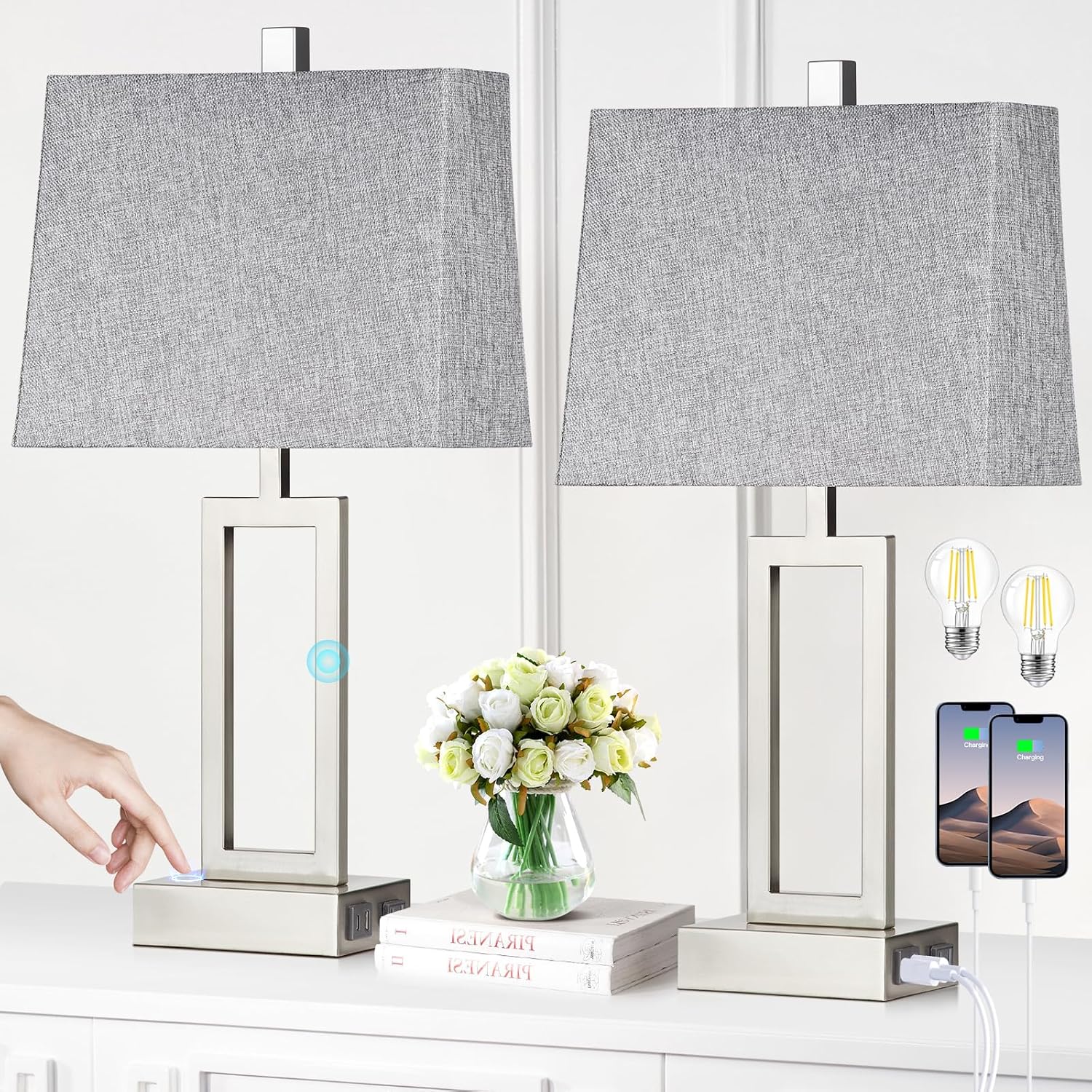Rinweey 23.5" Touch Control Table Lamps Set of 2, Modern Silver Bedside Lamps with USB A+C Ports & AC Outlet, 3 Way Dimmable Contemporary Nightstand Lamps for Bedroom Living Room(2 LED Bulb I...